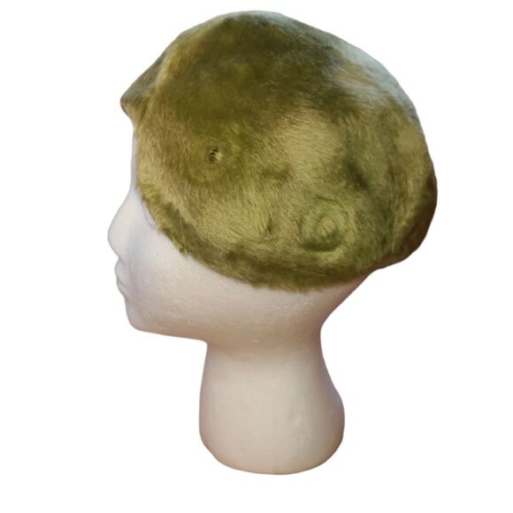 VINTAGE 50s chartreuse green furry pillbox beret hat Montaldo's - Picture 4 of 8